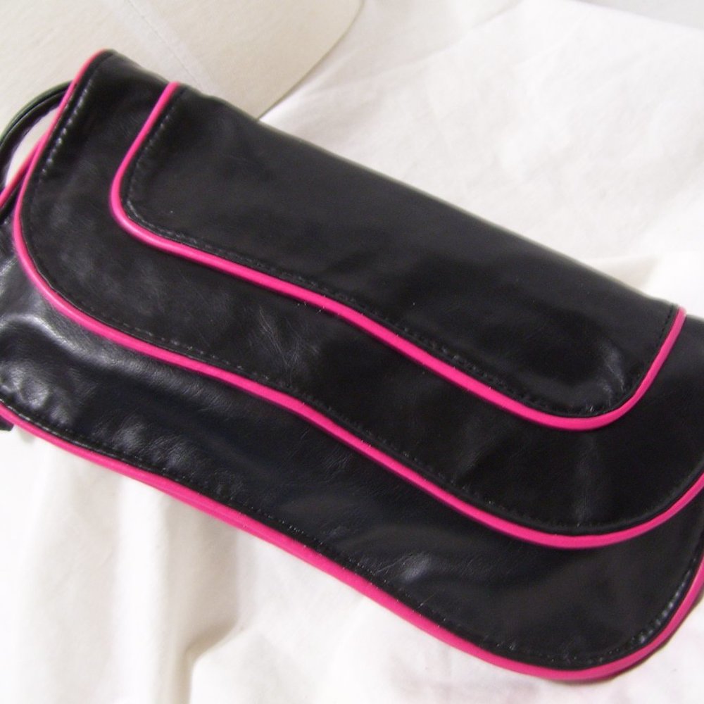 Vegan Handbag Clutch Black Hot Pink Trim